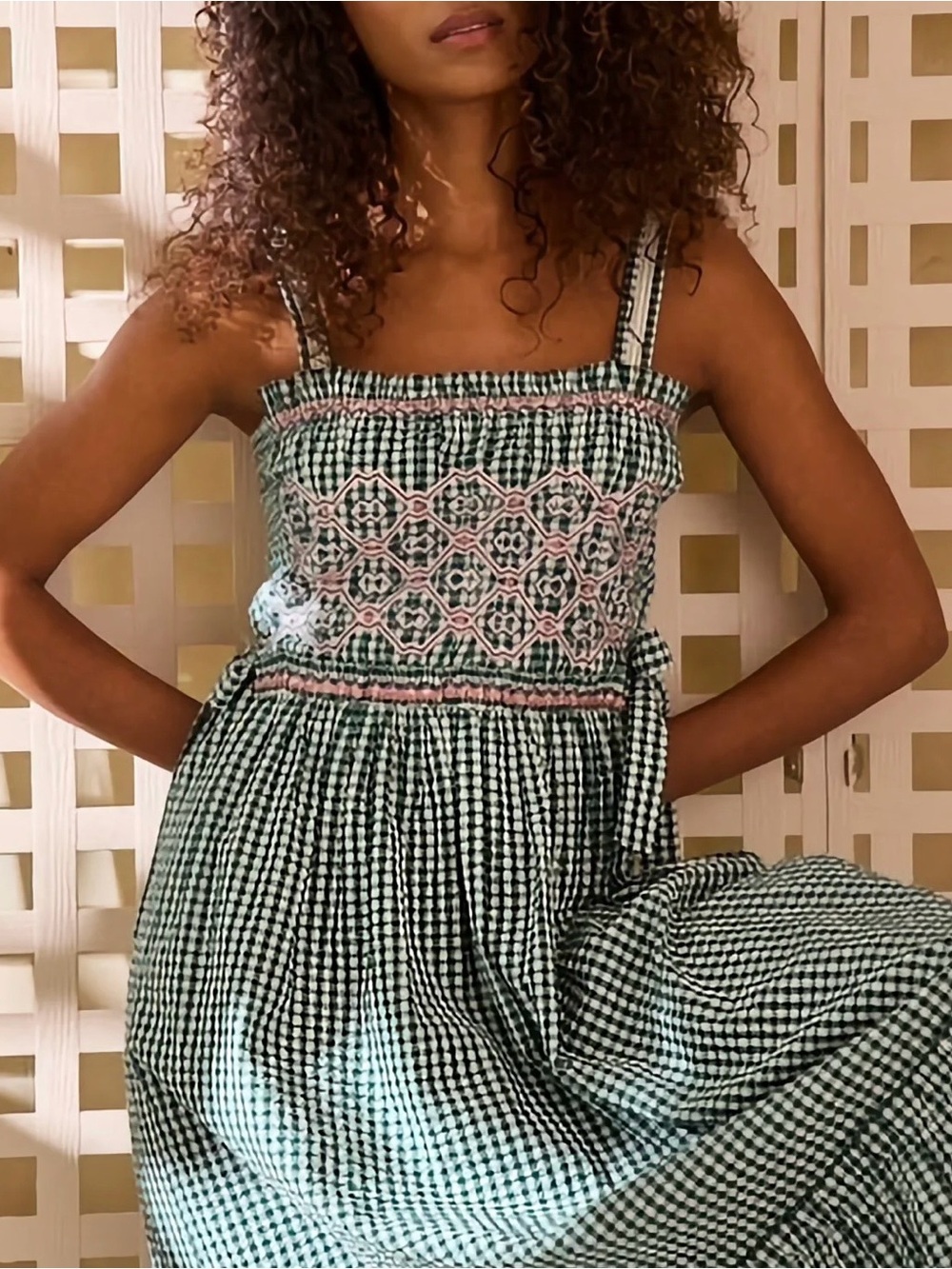 NWT HUNTER BELL Larissa Green Gingham Smocked Maxi Dress with Embroidered Bodice